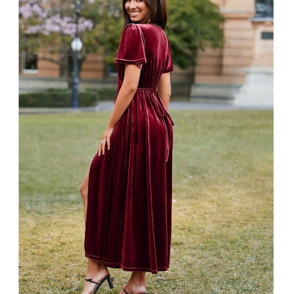 Classic Solid Velvet Wide tie Puff Shoulder Sleeve Party Evening Dress - Picture 3 of 10